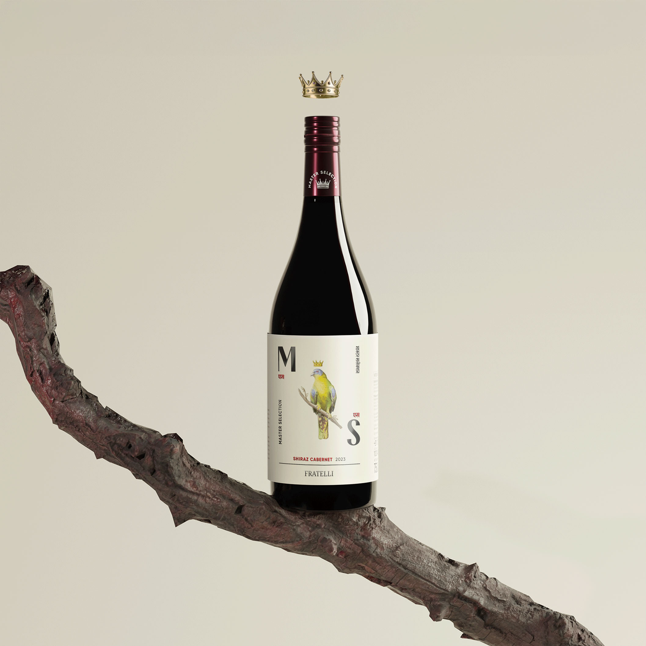 MS Fratelli Shiraz Cabernet bottle resting on a branch